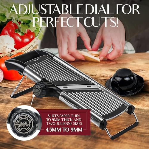 Gramercy Adjustable Mandoline Food Slicer, Mandoline Slicer for Kitchen, Mandolin, Potato Slicer, Tomato Slicer, Carrot Slicer, Onion Slicer - Stainless Steel - INCLUDING One Pair Cut-Resistant Gloves