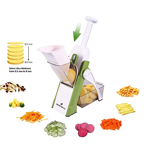 ONCE FOR ALL Safe Mandoline Slicer, Multi Vegetable Chopper, Potato Slicer for Kitchen, 4 Modes 100+ Presets Adjustable Thickness, French Fry Cutter (5 in 1 Green)