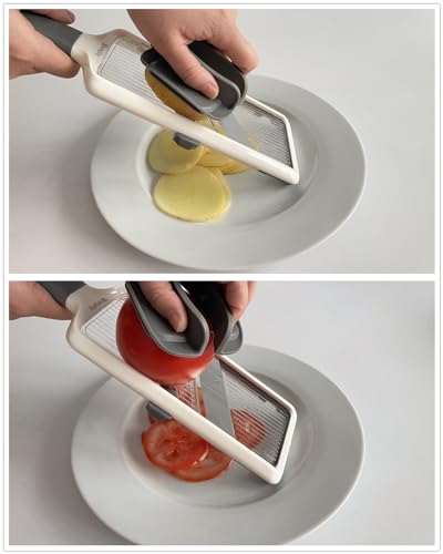 Brvnpily Handheld Mandoline Slicer with Food Holder Mandoline Food Slicer Adjustable Stainless Steel Blades Veggie Chopper & Cheese Grater for Speedy Slicing of Fruits and Vegetables