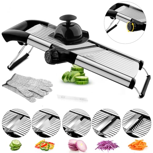 VEKAYA Mandoline Slicer,Mandoline Food Slicer for Kitchen,Mandolin,Potato Slicer,Vegetable Chopper,Adjustable Stainless Steel Veggie Onion Tomato Julienne Cutter with Cut-Resistant Gloves