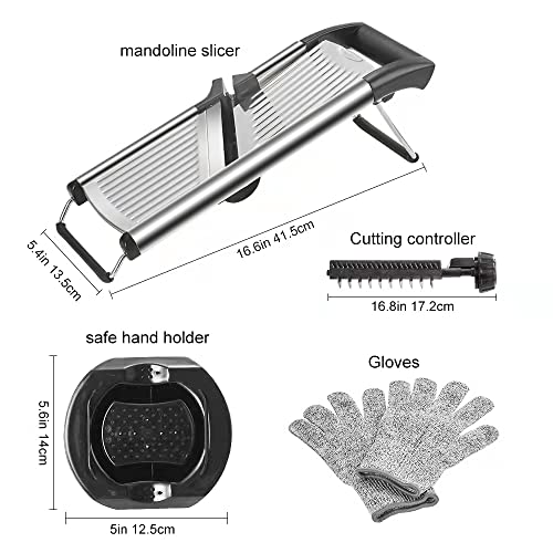 Mandoline Food Slicer, Adjustable Mandoline Slicer for Kitchen, Stainless Steel Mandolin Vegetable Chopper for Potato/Tomato/Onion, Vegetable Slicer Julienne Cutter with Cut-Resistant Gloves