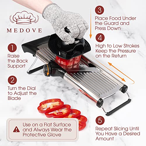 Mandoline Slicer – 6-Setting Adjustable Mandoline Slicer for Kitchen, 16.5 x 5 In. Platform, Hand Guard, Cut-Resistant Gloves – Vegetable Chopper, Meat Slicer, Cheese Slicer by Medove