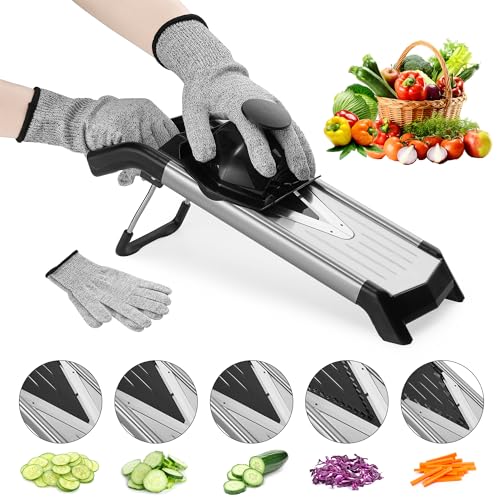 Supernal 5-in-1 Adjustable Mandolin Slicer for Kitchen V-Blade Stainless Steel Mandoline Food Slicers Vegetable Cutter,Julienne Slicer, Potato Onion Slicer With Cut-Resistant Gloves&Cleaning Brush