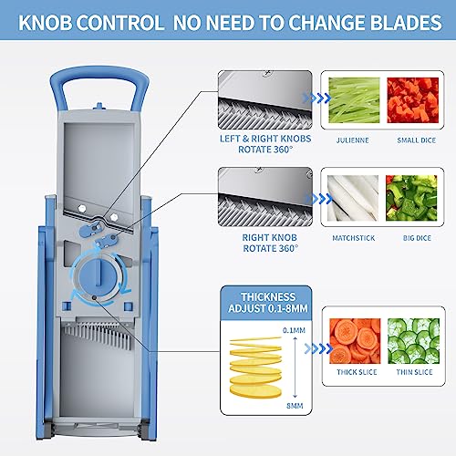 Safe Mandoline Food Slicer for Kitchen, Multifunctional Vegetable Chopper, Mandoline Potato Slicer with 35+ Presets & Thickness Adjuster, French Fry Cutter, Veggie Dicer for Meal Prep Blue