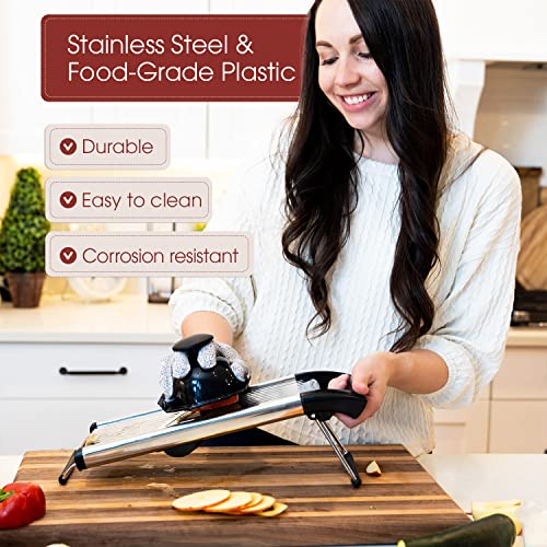 Mandoline Slicer – 6-Setting Adjustable Mandoline Slicer for Kitchen, 16.5 x 5 In. Platform, Hand Guard, Cut-Resistant Gloves – Vegetable Chopper, Meat Slicer, Cheese Slicer by Medove