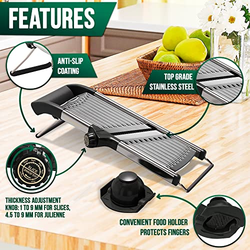 WENDERK Adjustable Stainless Steel Mandoline Food Slicer with Cut Resistant Gloves [Upgraded] - Professional Handheld Kitchen Mandolin Julienne Cutter to Slice Vegetables Fruits Chips French Fry