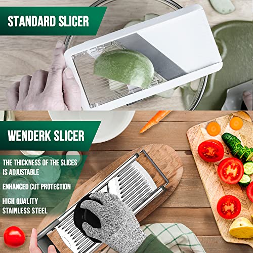 WENDERK Adjustable Stainless Steel Mandoline Food Slicer with Cut Resistant Gloves [Upgraded] - Professional Handheld Kitchen Mandolin Julienne Cutter to Slice Vegetables Fruits Chips French Fry
