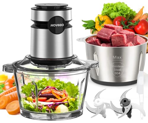 HOVOBO Food Processor, 500W Electric Meat Grinder Food Chopper with Two 8 Cup Bowls & 2 Bi-Level Blades, 2 Speed Kitchen Cutter for Vegetable, Onion, Garlic, Meat, Nuts, and Baby Food, Black
