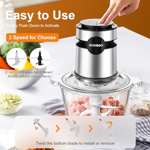 HOVOBO Food Processor, 500W Electric Meat Grinder Food Chopper with Two 8 Cup Bowls & 2 Bi-Level Blades, 2 Speed Kitchen Cutter for Vegetable, Onion, Garlic, Meat, Nuts, and Baby Food, Black
