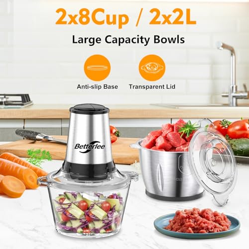 Food Processor, Electric Meat Grinder with Two 8 Cups Bowls, Food Chopper with 1 Bi-Level Blades, 2 Speed Onion Chopper for Meats, Garlic, Baby Food