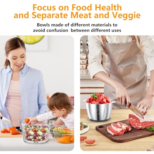 Food Processor, Electric Meat Grinder with Two 8 Cups Bowls, Food Chopper with 1 Bi-Level Blades, 2 Speed Onion Chopper for Meats, Garlic, Baby Food