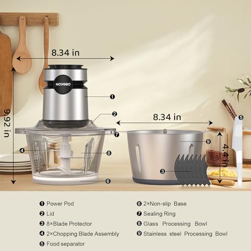 HOVOBO Food Processor, 500W Electric Meat Grinder Food Chopper with Two 8 Cup Bowls & 2 Bi-Level Blades, 2 Speed Kitchen Cutter for Vegetable, Onion, Garlic, Meat, Nuts, and Baby Food, Black