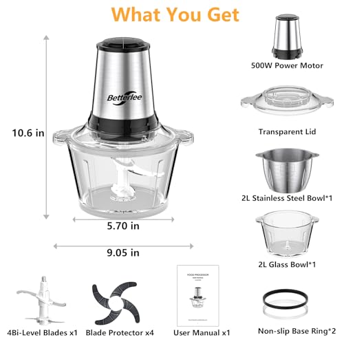 Food Processor, Electric Meat Grinder with Two 8 Cups Bowls, Food Chopper with 1 Bi-Level Blades, 2 Speed Onion Chopper for Meats, Garlic, Baby Food