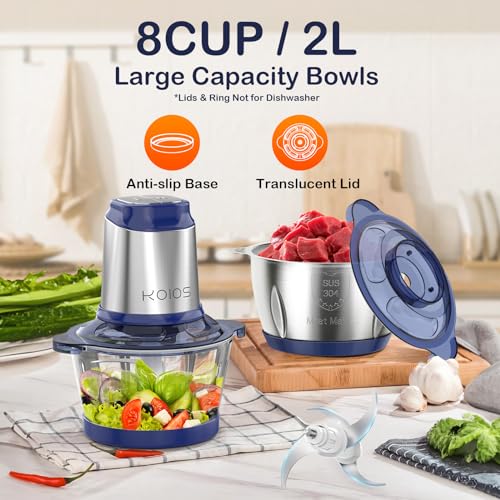 KOIOS 500W Powerful Electric Food Processor with 8 Cup Stainless Steel & Glass Bowls, 2 Speed Mode Electric Food Chopper with 2 Sets Blades Electric Meat Grinder Chopper for Family & Baby Use
