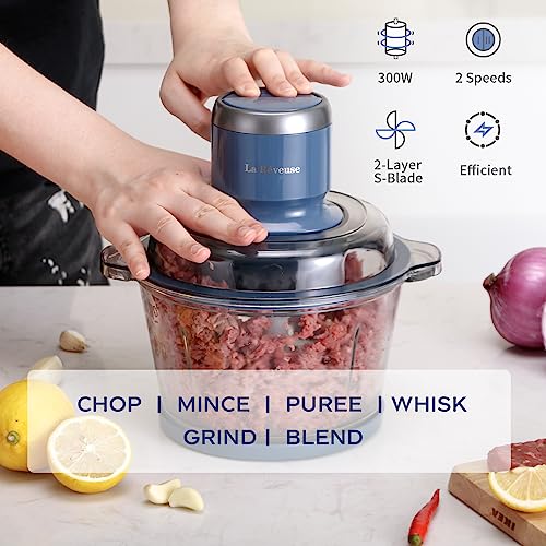 La Reveuse Food Processor,Electric Food Chopper with 7-Cup (1.7L) Glass Bowl, 4 Bi-Level Blades for Chopping,Grinding,Mincing,Whisking,Meal Prep,300W,Blue