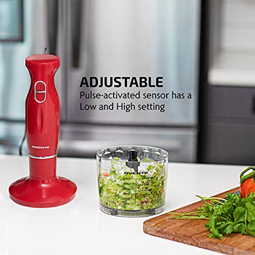OVENTE Immersion Electric Hand Blender 300 Watt Power 2 Mix Speed with Stainless Steel Blades, Handheld Stick Mixer Set with Egg Whisk Attachment Mixing Beaker and BPA-Free Food Chopper, Red HS565R