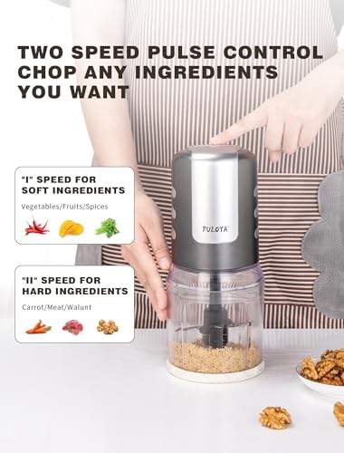 PULOYA Mini Food Processor 2 Cup Small Electric Food Chopper 2 Speed for Vegetables, Meat, Fruits and Nuts with 4 Stainless Steel Blades, 400-Watt, Light Gray