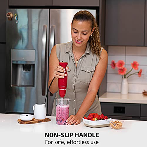 OVENTE Immersion Electric Hand Blender 300 Watt Power 2 Mix Speed with Stainless Steel Blades, Handheld Stick Mixer Set with Egg Whisk Attachment Mixing Beaker and BPA-Free Food Chopper, Red HS565R