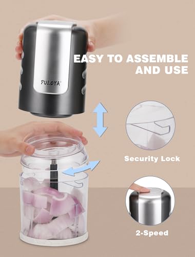 PULOYA Mini Food Processor 2 Cup Small Electric Food Chopper 2 Speed for Vegetables, Meat, Fruits and Nuts with 4 Stainless Steel Blades, 400-Watt, Light Gray