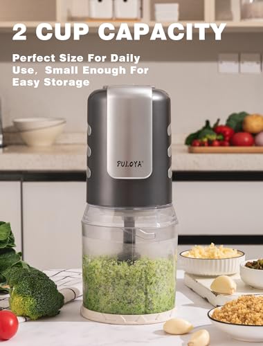 PULOYA Mini Food Processor 2 Cup Small Electric Food Chopper 2 Speed for Vegetables, Meat, Fruits and Nuts with 4 Stainless Steel Blades, 400-Watt, Light Gray