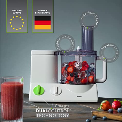 Braun FP3020 12 Cup Food Processor Ultra Quiet Powerful motor, includes 7 Attachment Blades + Chopper and Citrus Juicer , Made in Europe with German Engineering, White
