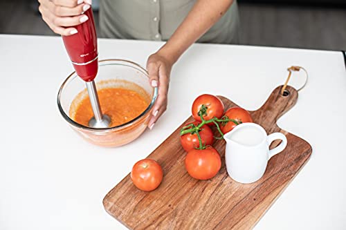 OVENTE Immersion Electric Hand Blender 300 Watt Power 2 Mix Speed with Stainless Steel Blades, Handheld Stick Mixer Set with Egg Whisk Attachment Mixing Beaker and BPA-Free Food Chopper, Red HS565R