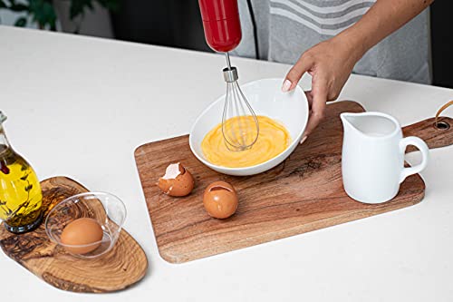 OVENTE Immersion Electric Hand Blender 300 Watt Power 2 Mix Speed with Stainless Steel Blades, Handheld Stick Mixer Set with Egg Whisk Attachment Mixing Beaker and BPA-Free Food Chopper, Red HS565R