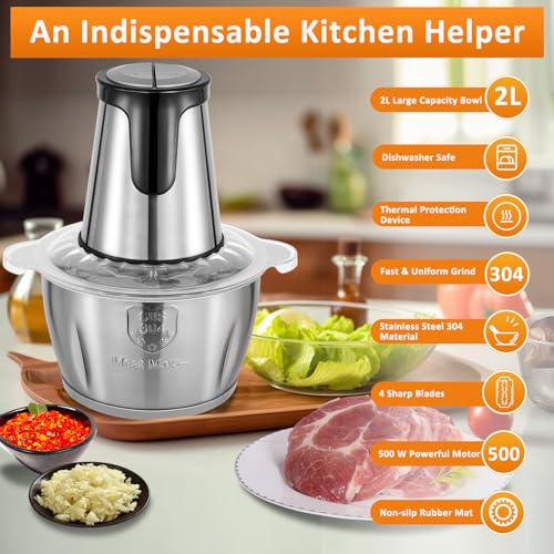 Enfmay 500W Electric Food Processors, Food Chopper 8 Cup 2 Bowls with Meat Grinder & Veggie Chopper, 2 Bi-Level Blades Baby Use Mini Food Processor for Meat, Onion, Vegetables, Fruits and Nuts