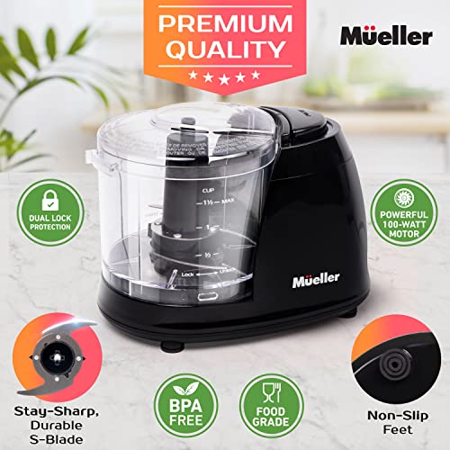 Mueller Mini Food Processor, Electric Food Chopper, 1.5-cup Meat Grinder, Mix, Chop, Mince and Blend Vegetables, Fruits, Nuts, Meats, Stainless Steel Blade, Black