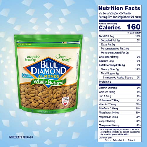 Blue Diamond Almonds Whole Natural Raw Snack Nuts, 25 oz