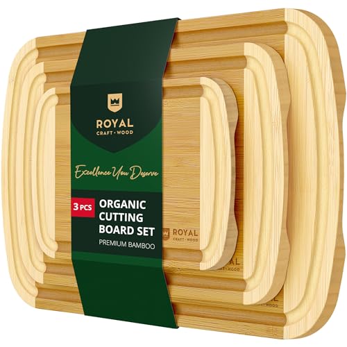 ROYAL CRAFT WOOD Luxury Cutting Boards for Kitchen - Reversible Wood Cutting Board Set, Thick Chopping Board - Wooden Cutting Board Set Bamboo Cutting Board for Meat, (Set of 3)