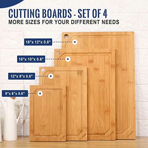 Hiware 4-Piece Extra Large Bamboo Cutting Boards Set for Kitchen, Heavy Duty Cutting Board with Juice Groove, Bamboo Chopping Board Set for Meat, Vegetables - Pre Oiled