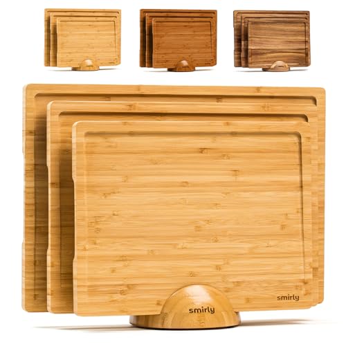 SMIRLY Wood Cutting Boards For Kitchen - Bamboo Cutting Board Set with Holder, Wood Cutting Board Set, Cutting Board Wood, Wooden Chopping Board, Wooden Cutting Board Set