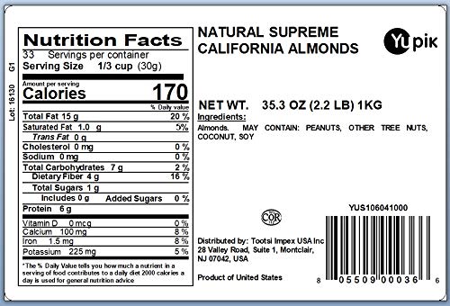 Yupik Raw California Almonds, Large Size, 2.2 lb