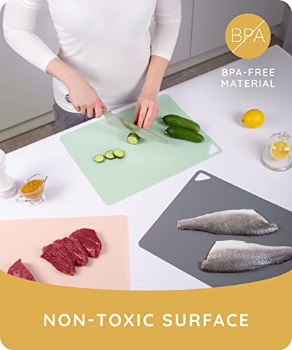 Extra Thick Flexible Cutting Boards for Kitchen, Cutting Mats for Cooking, Colored Cutting Mat Set, Non-Slip Cutting Sheets, Flexible Plastic Cutting Board Set of 3, Serving Utensils 15"x12"