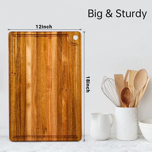 Large Acacia Wood Cutting Board for Kitchen - Caperci Better Chopping Board with Juice Groove & Handle Hole for Meat (Butcher Block) Vegetables and Cheese, 18 x 12 Inch