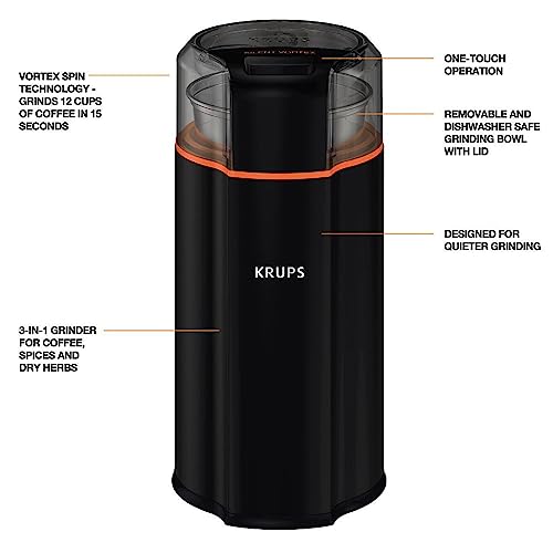 Krups Silent Vortex Coffee and Spice Grinder with Removable Dishwasher Safe Bowl 12 Cup Easy to Use, 5 Times Quieter 175 Watts Dry Herbs, Nuts, Black