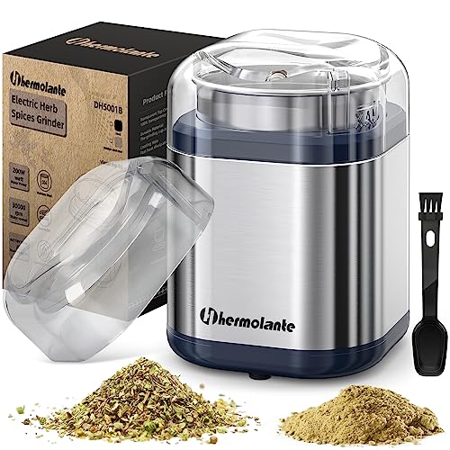 Hermolante Herb Grinder Spice Grinder, 200 w Herb Grinder with Stainless Steel Blade and Cleaning Brush, Compact Size Electric Grinder for Herbs and Spices -5.11in(Stainless Steel)