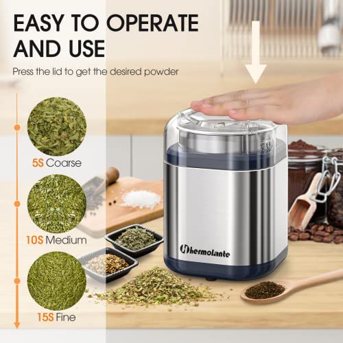 Hermolante Herb Grinder Spice Grinder, 200 w Herb Grinder with Stainless Steel Blade and Cleaning Brush, Compact Size Electric Grinder for Herbs and Spices -5.11in(Stainless Steel)