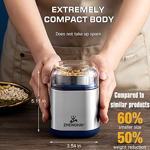 ZHENGHAI Electric Herb Grinder 200w Spice Grinder Compact Size, Easy On/Off, Fast Grinding for Flower Buds Dry Spices Herbs, with Pollen Catcher and Cleaning Brush 1.7oz Capacity (Blue)