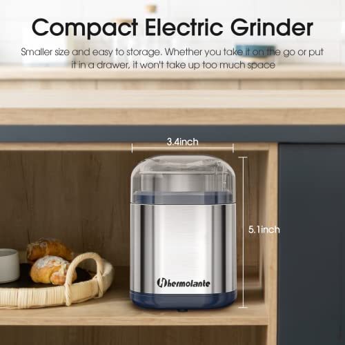 Hermolante Herb Grinder Spice Grinder, 200 w Herb Grinder with Stainless Steel Blade and Cleaning Brush, Compact Size Electric Grinder for Herbs and Spices -5.11in(Stainless Steel)