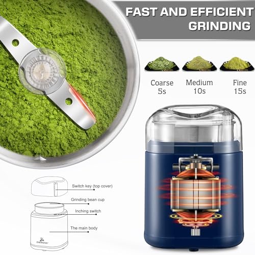 ZHENGHAI Electric Herb Grinder 200w Spice Grinder Compact Size, Easy On/Off, Fast Grinding for Flower Buds Dry Spices Herbs, with Pollen Catcher and Cleaning Brush 1.7oz Capacity (Blue)