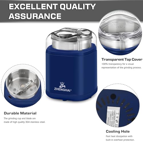 ZHENGHAI Electric Herb Grinder 200w Spice Grinder Compact Size, Easy On/Off, Fast Grinding for Flower Buds Dry Spices Herbs, with Pollen Catcher and Cleaning Brush 1.7oz Capacity (Blue)