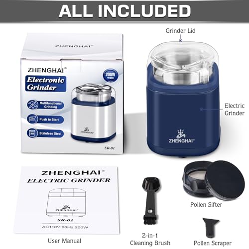 ZHENGHAI Electric Herb Grinder 200w Spice Grinder Compact Size, Easy On/Off, Fast Grinding for Flower Buds Dry Spices Herbs, with Pollen Catcher and Cleaning Brush 1.7oz Capacity (Blue)