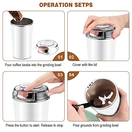 Finphoon Coffee Grinder Electric, Spice Grinder, Coffee Bean Herb Grinder with Integrated Brush Spoon, One-touch Push-Button Stainless Steel Small Grinding for Peanut Grains (WHITE)