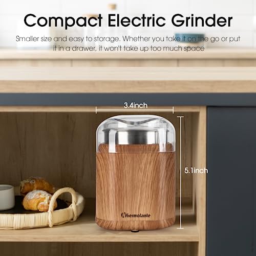 Hermolante Herb Grinder Electric Spice Grinder, 200 w Herb Grinder with Stainless Steel Blade and Cleaning Brush, Compact Size Electric Grinder for Herbs and Spices - 5.11in (Wood Grain)