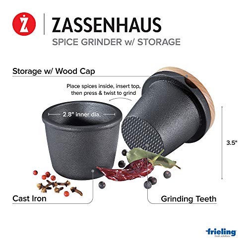 Zassenhaus Cast Iron Spice Grinder Set with Beech Wood Lid, Spice Mill, Herb and Seed Grinder, 3 Inches (Black)