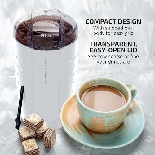 OVENTE Electric Coffee Grinder - Small Portable & Compact Grinding Mill with Stainless Blade for Bean Spices Herb and Tea, Perfect for Home & Kitchen - White CG225W