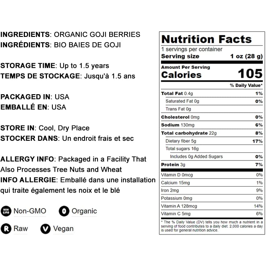Large Sun Dried Organic Goji Berries, Non-GMO 4oz