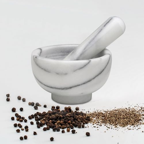 HIC Kitchen Mortar and Pestle Spice Herb Grinder Pill Crusher Set, Solid Fine-Quality Carrara Marble